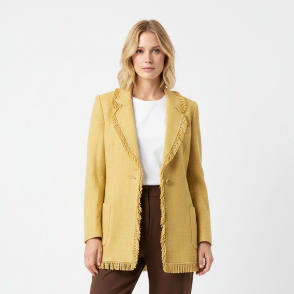 Rena Lange Tan Fringe Trim Long Sleeve Woven‎ Knit  Blazer Jacket 12